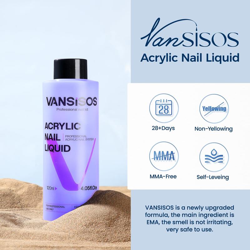 Vansisos Professional Acrylic Nail Liquid for Nail: 4fl.oz Acrylic Liquid with Nail Brush for Beginners at Home DIY Nail Salon Use Non-Yellowing MMA-Free