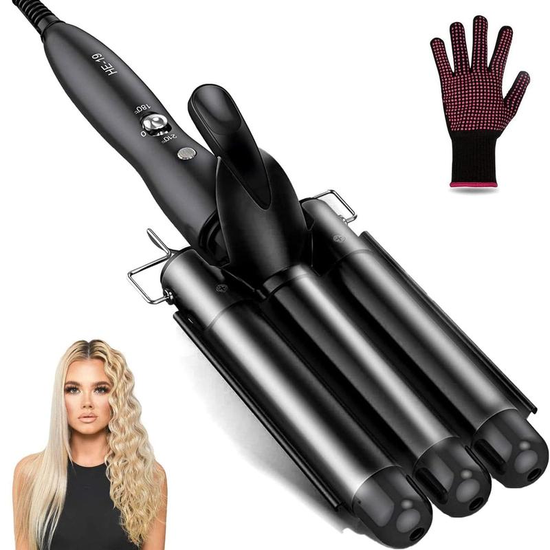 Hair Waver, 1 Inch 3 Barrel Curling Iron Wand 25mm Hair Crimper, Temperature Adjustable Heat Up Quickly Beach Wave Curling Iron Black