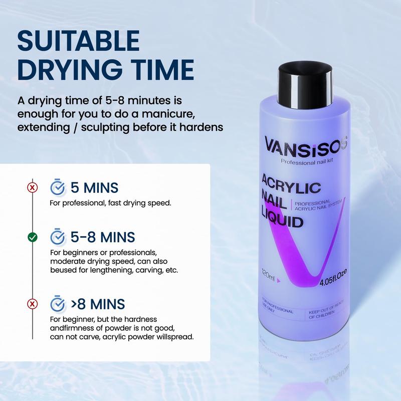 Vansisos Professional Acrylic Nail Liquid for Nail: 4fl.oz Acrylic Liquid with Nail Brush for Beginners at Home DIY Nail Salon Use Non-Yellowing MMA-Free