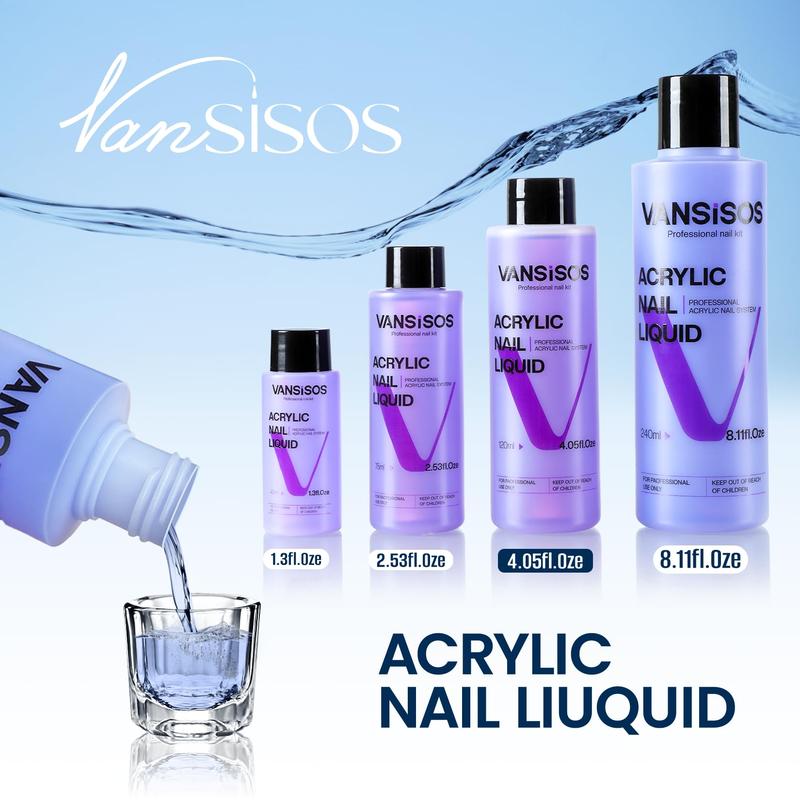 Vansisos Professional Acrylic Nail Liquid for Nail: 4fl.oz Acrylic Liquid with Nail Brush for Beginners at Home DIY Nail Salon Use Non-Yellowing MMA-Free