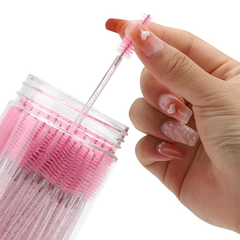 100 Pcs Disposable Mascara Wands, Crystal Eyebrow Spoolies Brush for Eyelash Extensions, Pink Lash Brushes with Container