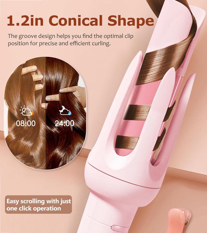 Auto Hair Curler, Automatic Curling Iron with 4 Temperature & 3 Timer, Automatic Shut-Off, Anti-Scald, Anti-Tangle Rotating Curling Wand for Hair Styling, Pink