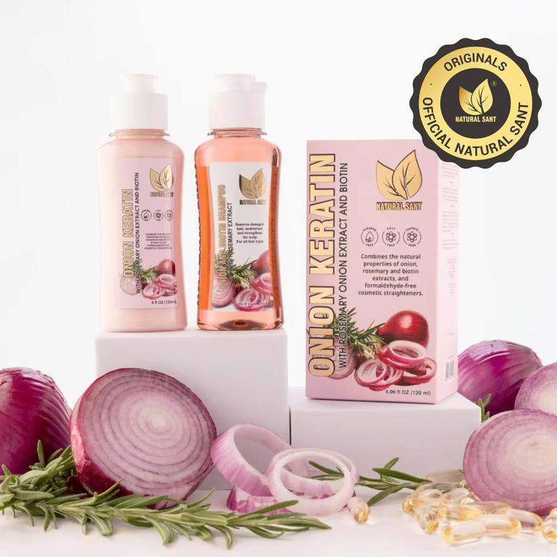 Natural Sant - Duo Box Straightening Keratin Kit - with Onion Rosemary & Biotin Shampoo Formaldehyde Free (4 Fl Oz 120ml)