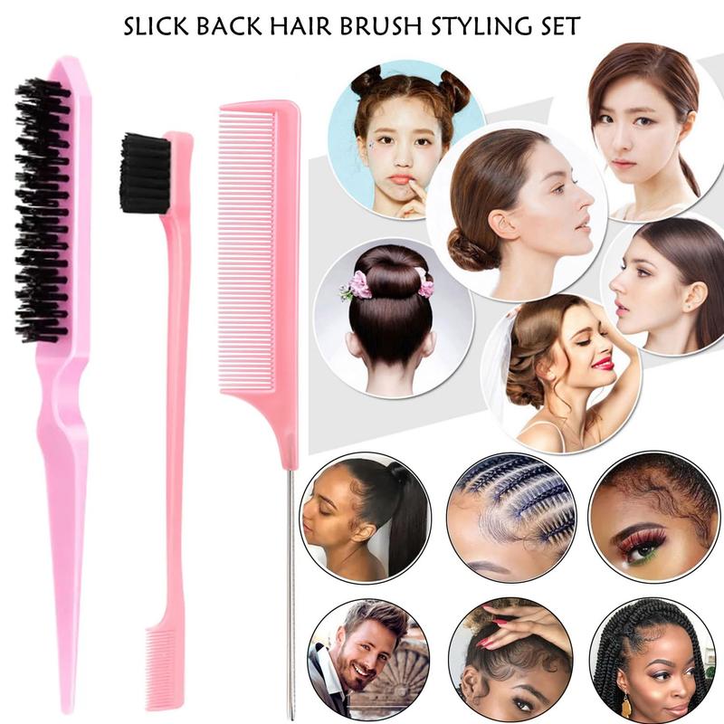 4 count Hair Wax Stick & Slick  Hair Brush Versatile Hair Styling Set, Hair Wax Stick for Flyaways & Wigs Hair Tamer Styling, Edge Brush, Teasing Brush and Rat Tail Combs for  Women Girls (Pink)