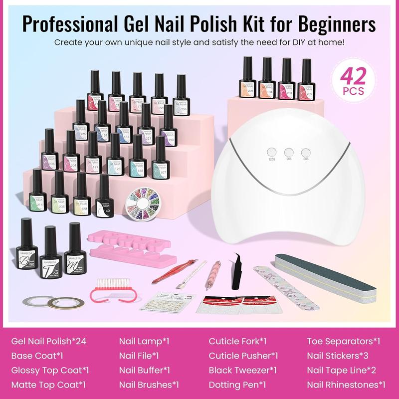 42pcs Gel Nail Polish Set with U V Light 24 Popular Colors Gel Nail Polish Set Green Blue Purple Pink Orange Full Gel Nail Set with Manicure Tools Women Fashionable and Beautiful Christmas Gift