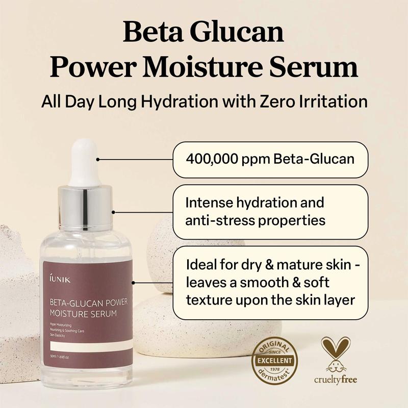 IUNIK Beta Glucan Power Moisture Serum - Official Product Regenerating & Lifting Vegan Face Serum for Dry Mature Sagging Sensitive Skin (1.69 fl oz)