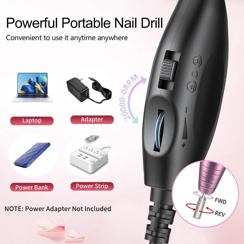 Electric Nail Drill, Professional Acrylic Nail Drill Machine for Gel, Acrylic Nails, Portable USB Electric Nail File Efile Set with Iridescent Nail Drill Bits, Manicure Pedicure Nail Tools