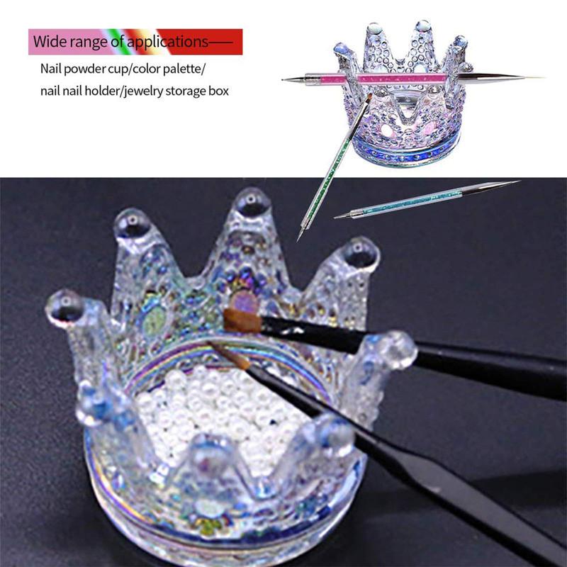 2PCS Nail Art Dappen Dish 2 In 1 Glass Dish for Nail Acrylic Liquid Powder–Nail Crystal Bowl Glass Nails Cup Nails Pen Holder, Crown Nails Glass Dish, Colorful Laser