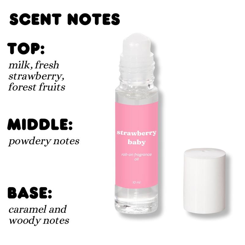 Strawberry Baby Scented Roll On Oil - Smells  Like Strawberry Milk, Caramel, Woods, and Musk Aroma Body Care