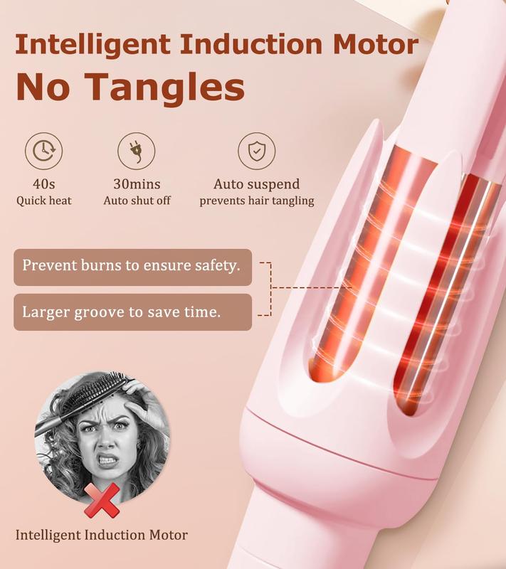 Auto Hair Curler, Automatic Curling Iron with 4 Temperature & 3 Timer, Automatic Shut-Off, Anti-Scald, Anti-Tangle Rotating Curling Wand for Hair Styling, Pink