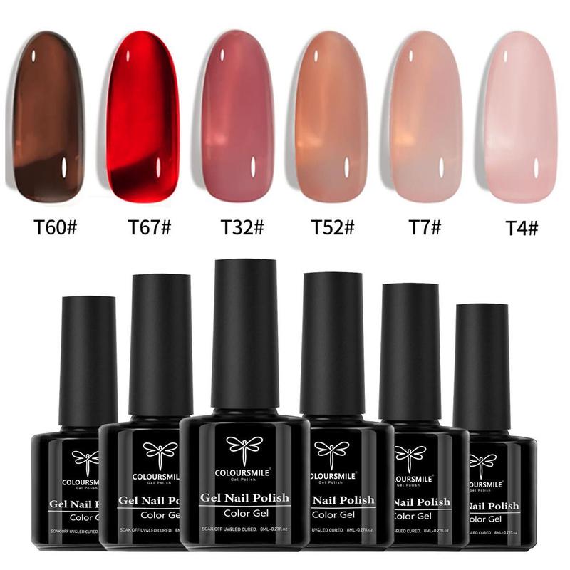 Jelly Gel Nail Polish Kit, 6 Counts set Transparent Nude Red Pink Brown Colors Sheer Gel Polish Kit for Salon Gel Manicure and Nail Art DIY at Home