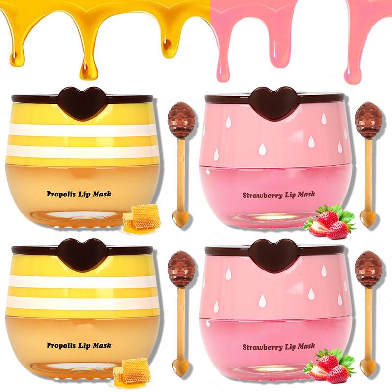 4 Pack Bee Lip Balm Set - Honey Pot with Strawberry Lip Masks, Hydrating Exfoliating Scrubs for Dry & Cracked Lips, Moisturizing Sleeping Mask to Reduce Lip Lines