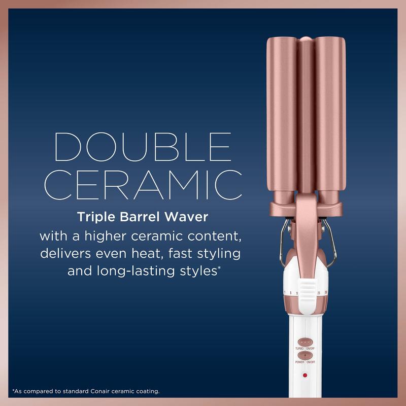 Double Ceramic 3 Barrel Curling Iron, Hair Waver, Create Beachy Waves, Long-Lasting Natural Tight Waves for all Hair Lengths, White   Rose Gold