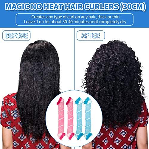 28 Counts Heatless Curlers No Heat Spiral Curls Soft Hair Curlers Styling Kit with 2 Counts Styling Hooks for Kinds of Hairstyles (Pink and Blue, 30 cm)