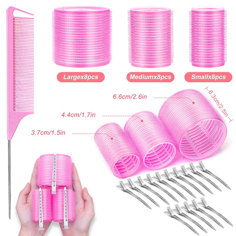 Rollers Hair Curlers, 42 count Hair Rollers Set with 24 count Self Grip Hair Rollers for Long Medium Short Hair, 16 count Clips, Clear Toiletry Bag and Rat Tail Comb (Pink)