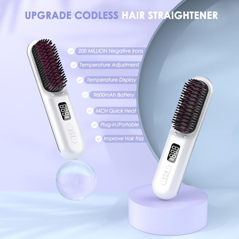 Cordless Hair Straightener Brush:Househerb Rechargeable Portable 9600mAh Mini Hair Straightening Brush for Travel, Styling Tools