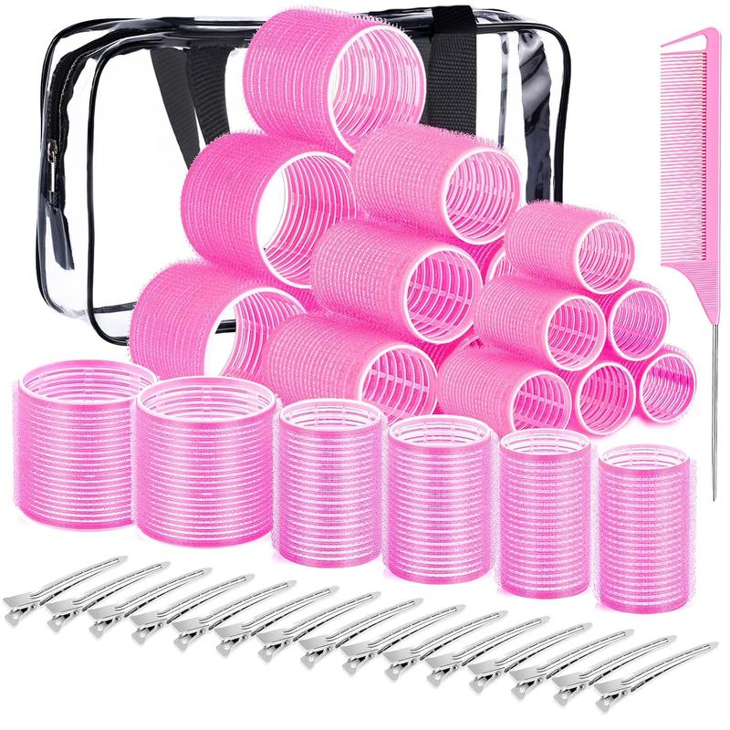 Rollers Hair Curlers, 42 count Hair Rollers Set with 24 count Self Grip Hair Rollers for Long Medium Short Hair, 16 count Clips, Clear Toiletry Bag and Rat Tail Comb (Pink)