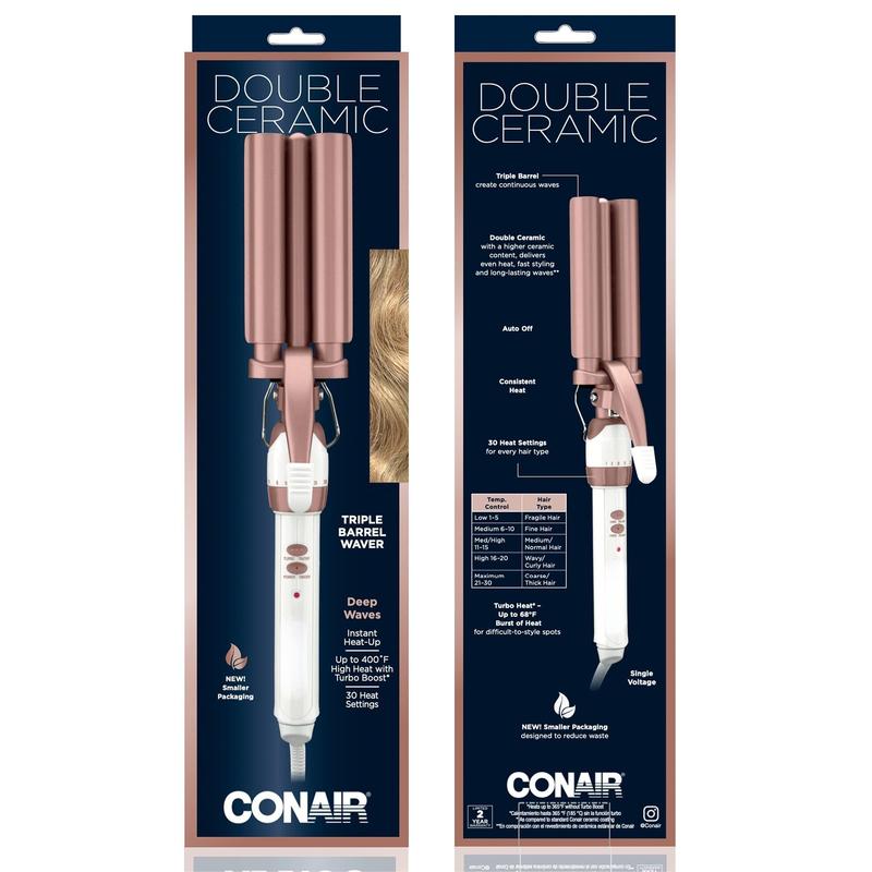 Double Ceramic 3 Barrel Curling Iron, Hair Waver, Create Beachy Waves, Long-Lasting Natural Tight Waves for all Hair Lengths, White   Rose Gold