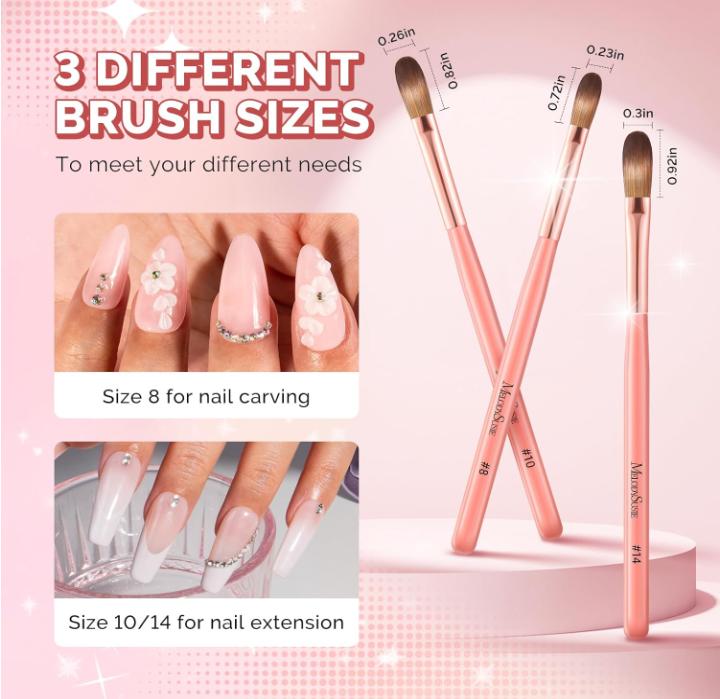 MelodySusie 3Pcs Acrylic Nail Brush Set, Size 8 10 14 Professional Nail Brushes for Acrylic Application Acrylic Powder Nail Art Extension and 3D Nail Carving for DIY Home Salon Nail Art Manicure Tool