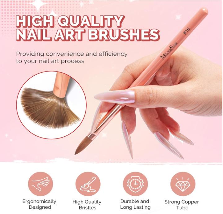 MelodySusie 3Pcs Acrylic Nail Brush Set, Size 8 10 14 Professional Nail Brushes for Acrylic Application Acrylic Powder Nail Art Extension and 3D Nail Carving for DIY Home Salon Nail Art Manicure Tool